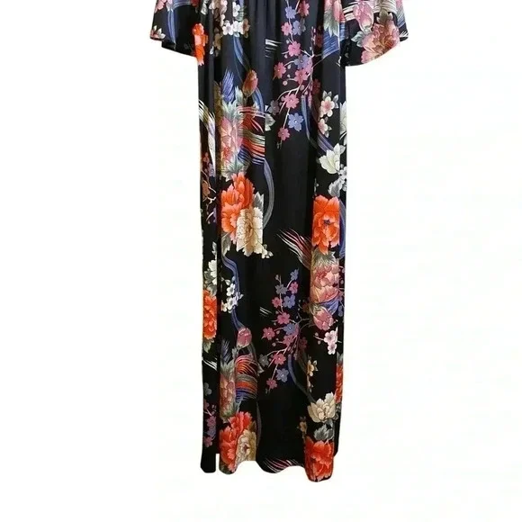 VGT HOMEWEAR By Sears Women's Dress Maxi Flutter Sleeves Black-Red Floral Print - Picture 6 of 12